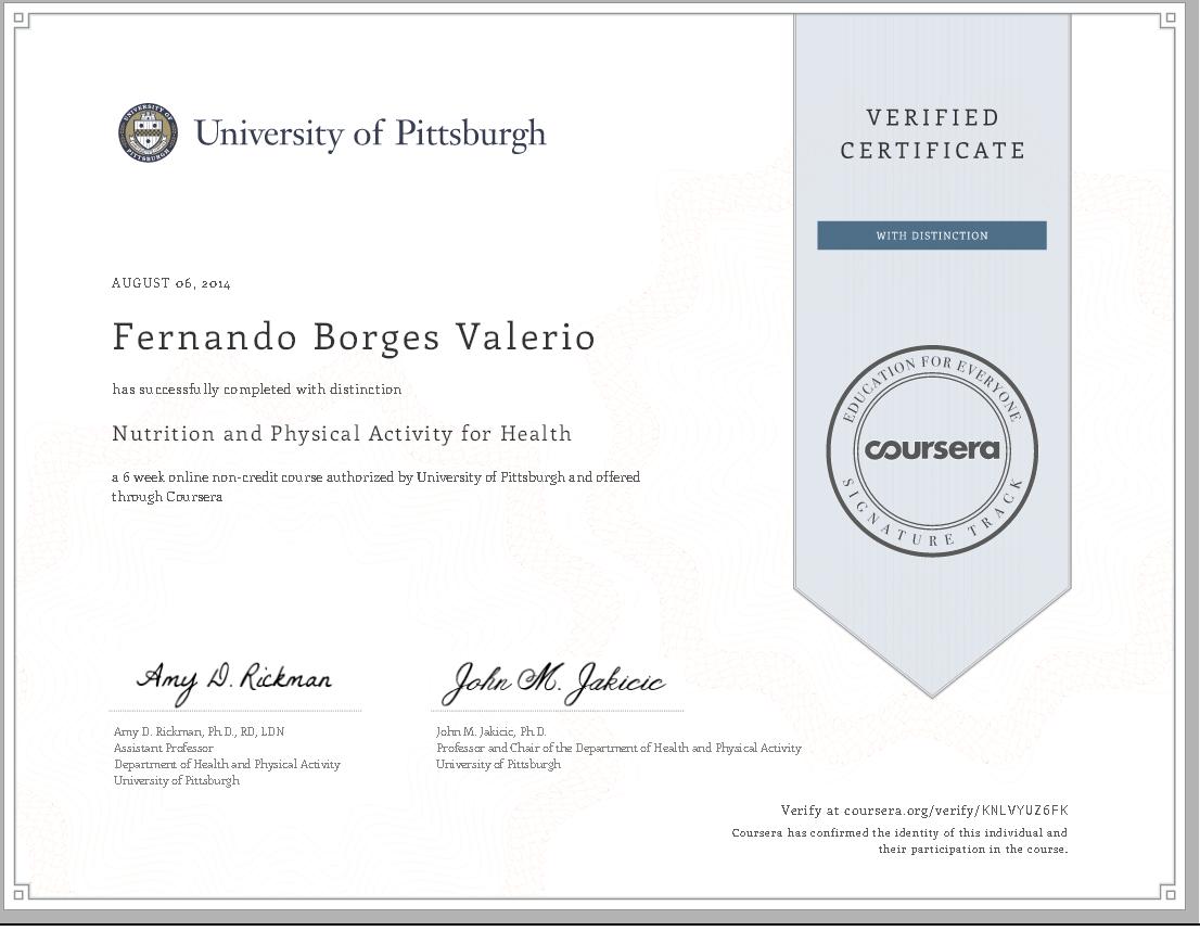 Dr. Fernando Valério recebe certificado com “Distinção” da Universidade de Pittsburgh por ter completado com sucesso o curso “Nutrition and Physical Activity for Health”